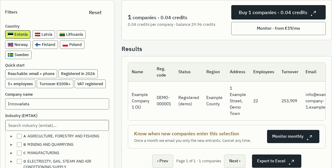 Innovadata portal company search with filters and an estimate